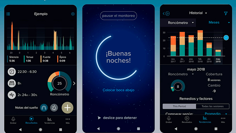 Pantallas de la app RoncoLab para registrar los ronquidos